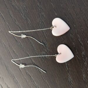 Pink conch heart dangle earrings, sterling silver